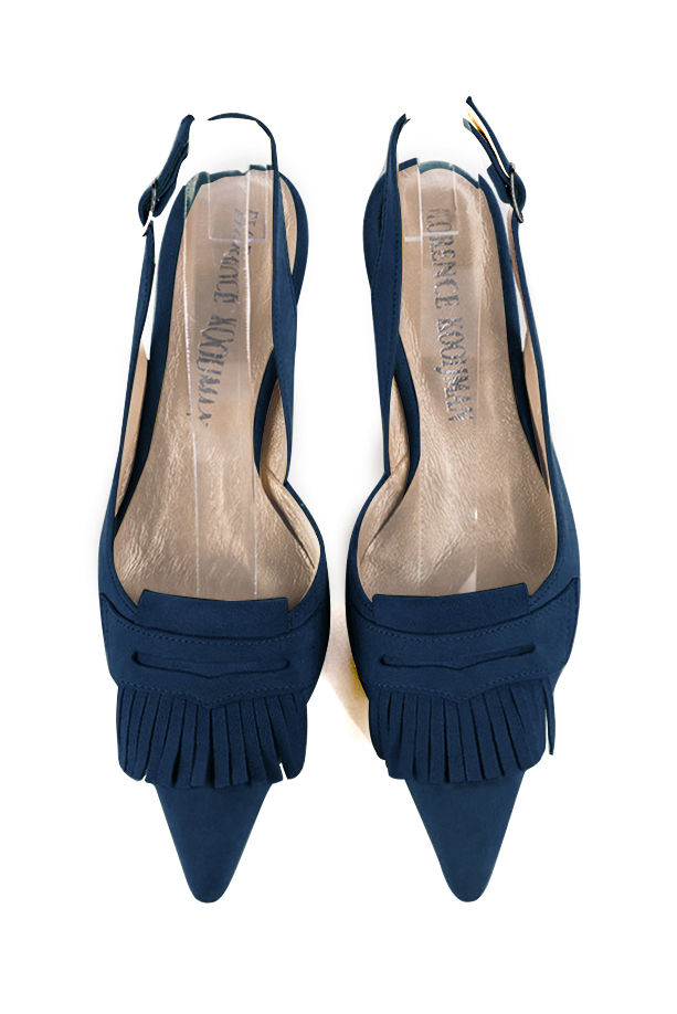 Navy blue women's slingback shoes. Pointed toe. Medium spool heels. Top view - Florence KOOIJMAN